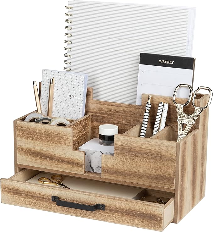 BLU MONACO Natural Wooden Office Supplies Desk Organizer with Drawer - Accessories for Women - Desktop Organization - Organization for Desk - Home Office Supplies Organizer