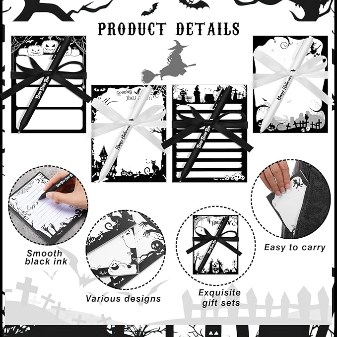 36 Pcs Halloween Sticky Notes Include 12 Spider Pumpkin Bat Ghost Notepads and 12 Pen and 12 Ribbon Halloween Self Adhesive Memo Pads Gifts for School Office Home Party Supplies