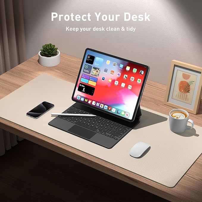 Aothia Large PU Leather Desk Pad Protector – Non-Slip Mouse Pad & Writing Mat for Office/Home, Waterproof, Easy to Clean (36" x 17", Eggshell)