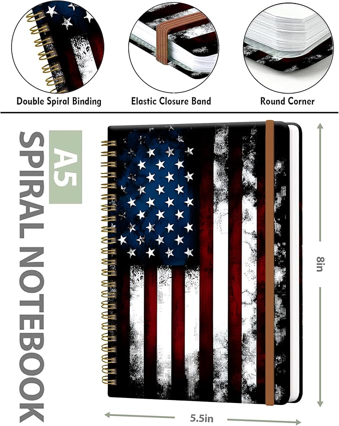 Spiral Journal Notebook for Women, Hardcover A5 College Ruled Notebook, 60 Sheet, Thick Paper, Cute Lined Journal for School, Office & Work, 6 x 8.4 in(Vintage American Flag)