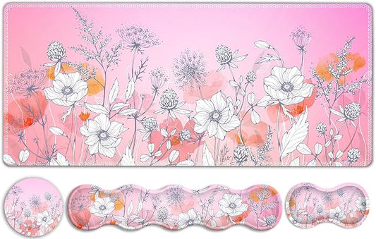 Gaming Mouse Pad Keyboard Wrist Support, 4 in1 Mousepad with Wrist Keyboard Rest, Computer Desk Mat, Non-Slip Desk Pad Protector with Memory Foam Easy Typing Pain Relief I Pink Flowers