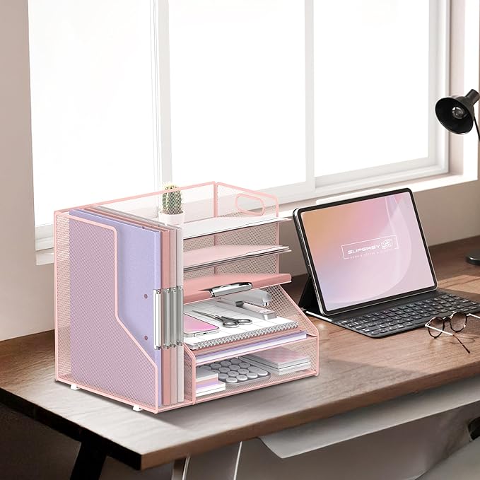 SUPEASY Desk Organizer with File Holder, 5-Tier Mesh Paper Letter Tray with Magazine Holder, Desktop Organizer and Storage for Desk Accessories Office Supplies, Pink
