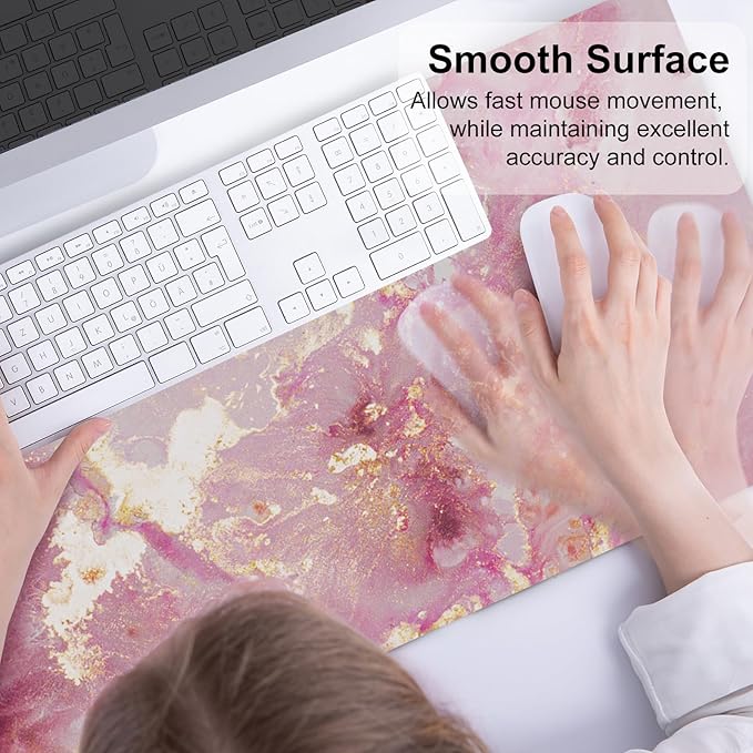 QIYI Large Mouse Pad, Cute Pink Desk Mat for Desktop, Women Girls PU Leather Desk Pad Waterproof Gaming Mousepad, Rose Gold Marble Computer Protector Writing Pad for School Office Home 31.5" x 15.7"