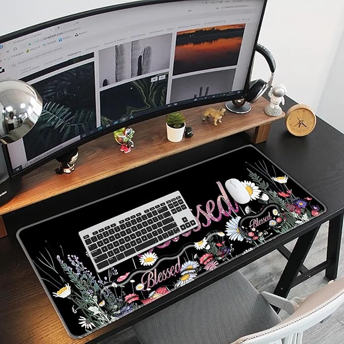 Keyboard Mouse Pad Set,Large Mouse Pad+Keyboard Wrist Rest+Wrist Support+Coaster,31.5x11.8in Extended Desk Mat for Computer Laptop Office Home-Florid Blessed