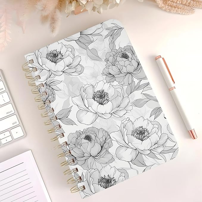 Cute Spiral Notebook journal A5 Aesthetic Pretty Floral Design for Women Girls Kawaii with Pocket, 8.5 x 5.7 inch, Rose