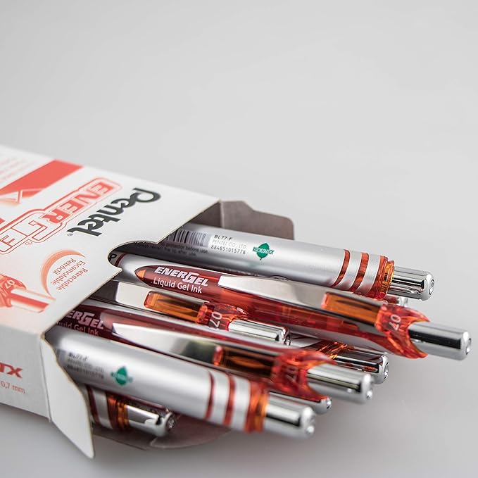 Pentel EnerGel Deluxe RTX Retractable Liquid Gel Pen, Medium Line, Metal Tip, Orange Ink, Box of 12 (BL77-F)