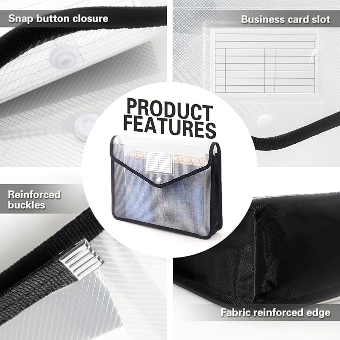 Plastic Expanding File Folder, Transparent envelopes with Snap Closure, No Dividers, Large Capacity, Fit Letter/A4 Size (Black)
