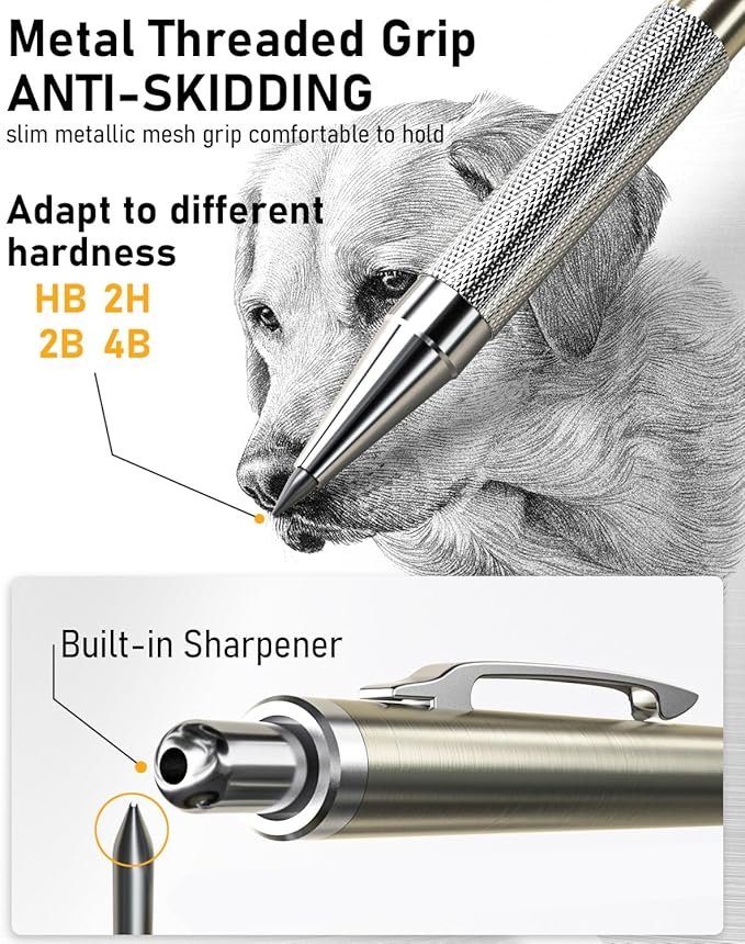 Nicpro 6PCS Metal Mechanical Pencil Set, Full Copper Drafting Pencil 0.3, 0.5, 0.7, 0.9 mm & 2PCS 2mm Graphite Lead Holder(4B 2B HB 2H) For Art Sketching Drawing With Lead Refills Eraser Case