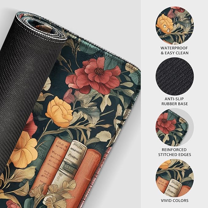 Vintage Library Floral Large Gaming Mouse Pad 31.5"x15.7"｜Books and Roses XXL Desk Mat, Non-Slip Rubber Base & Stitched Edges - Extended Waterproof Mousepad for PC/Laptop/Office/Home Decor
