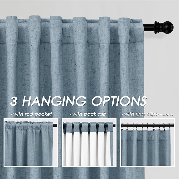 Blue Linen Blackout Curtains 120 Inch Length 2 Panels Set Extra Long 10 Ft Back Tab Pocket Drapes Thermal Insulated Total Blocking Curtains for Dining Room Cottage High Window Curtain 52x120 Inch