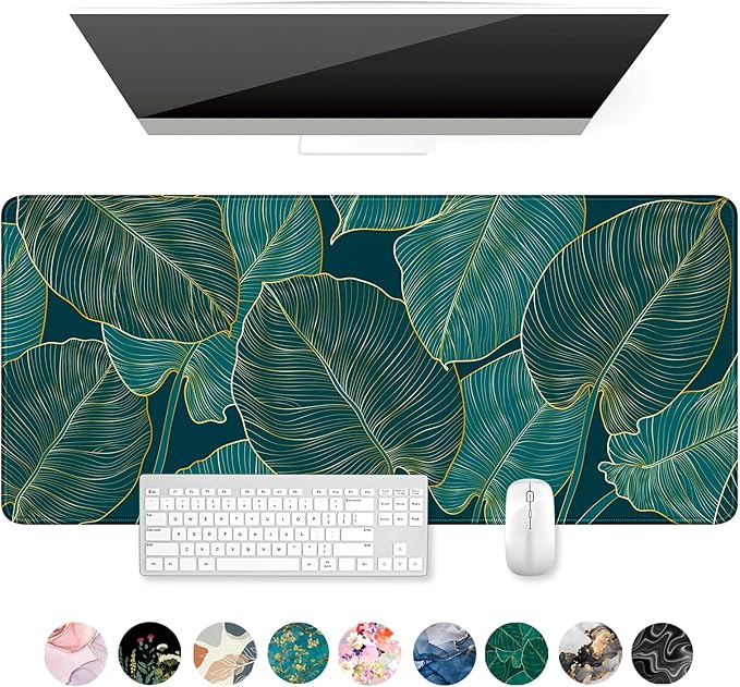 Auhoahsil Desk Mat, Ultra Large Mouse Pad, XXL Gaming Mousepad, Green Tropical Leaves Deskpad, Big Extended Full Size Mouse Pad, Desktop Desk Matt for Keyboard, Laptop & Computer, 35.5 x 15.7 in