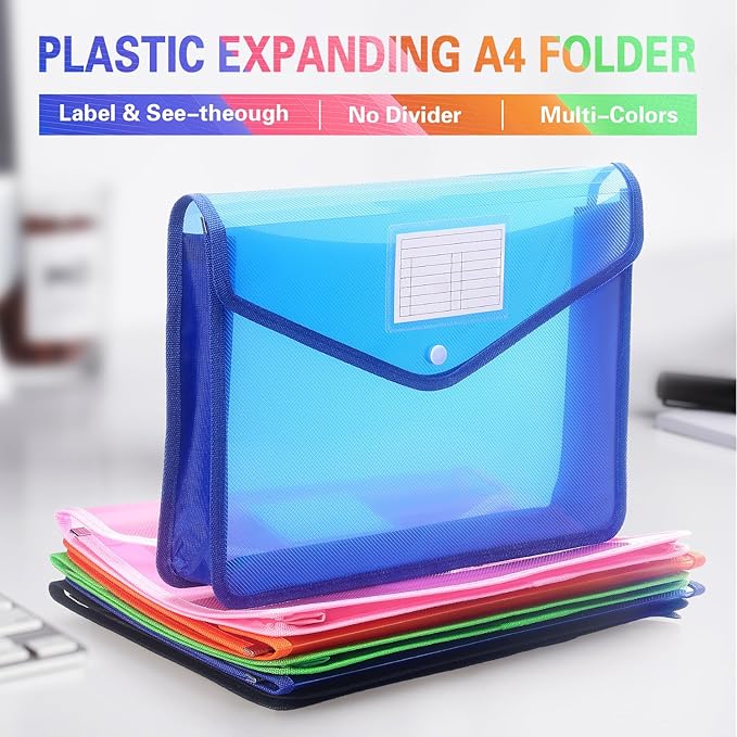 Plastic Expanding File Folder, Transparent envelopes with Snap Closure, No Dividers, Large Capacity, Fit Letter/A4 Size (Blue)