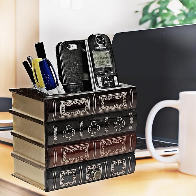 Bellaa 20591 Pencil Pen Holder Desk Organizer Caddy Bottom Storage Drawer Antique Vintage Books Decorative Design Home Office Library