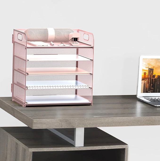 Sinboun Letter Tray Paper Organizer 5-Tier Desk Organizer File Organizer Paper Holder with Handle, Metal Desktop Document Shelf Tray Office Classroom Organization - Pink, PK5CENGTISHOU