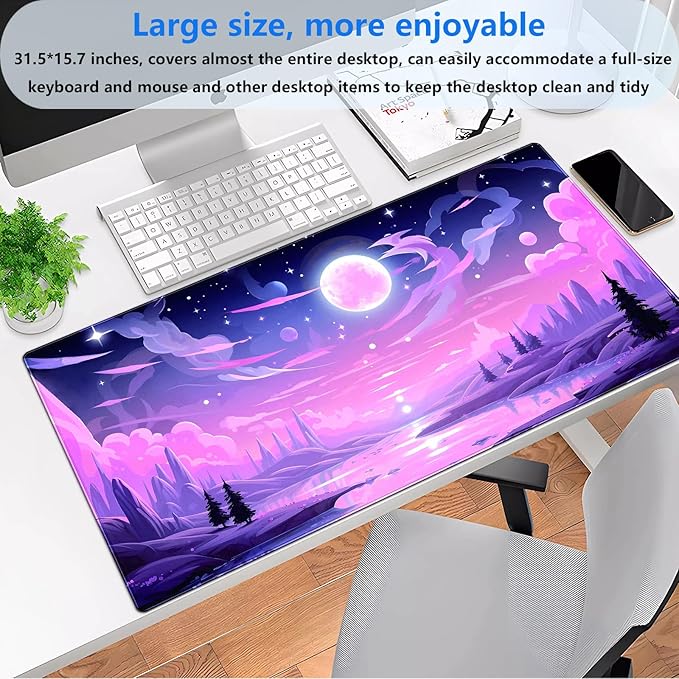 Purple Moon Lake Mouse Pad Pink Desk Mat XXL Large Gaming Mousepad Cute Kawaii Anime Aesthetics Computer Mat Keyboard and Mouse Pad Office Desk Decor 31.5 x 15.7 in