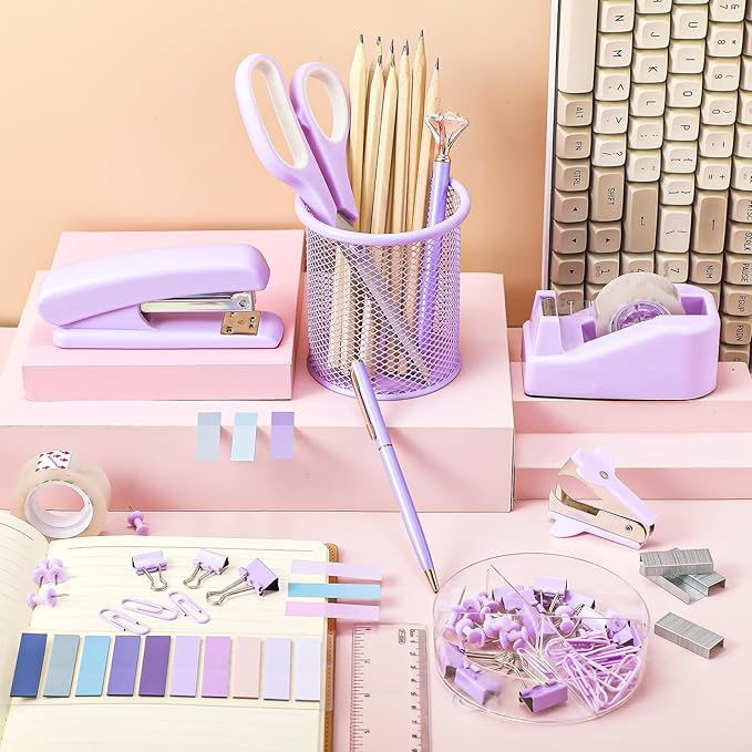 13 in 1 Purple Desk Office Supplies Set, Purple Stapler and Tape Dispenser Desk Accessories for Women with Stapler,Tape Dispenser,1000 Staple,Pen Holder,Staple Remover,Clip,Ruler,Scissor, Tab,Tape,Pen
