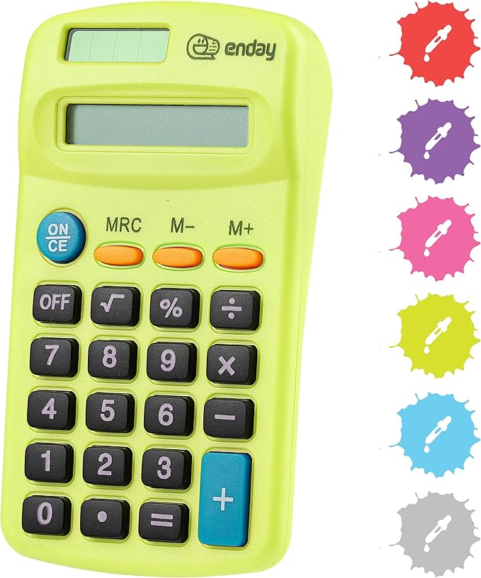 Calculator Green, Basic Small Solar and Battery Operated, Large Display Four Function, Auto Powered Handheld Calculator School and Kids Available in Blue, Red, Purple, Grey, Pink, 24 PK – by Enday