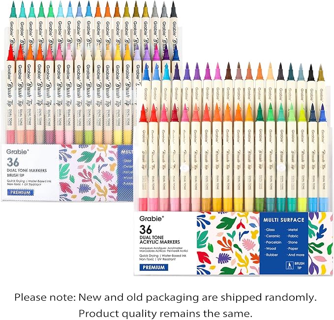 Grabie 72 Colors Acrylic Paint Markers, Soft Brush Tip Acrylic Markers Set, Water Based Acrylic Markers for Wood, Fabric, Canvas, Glass, Stone, Rock Painting and DIY Crafts Art Supplies, Set of 36