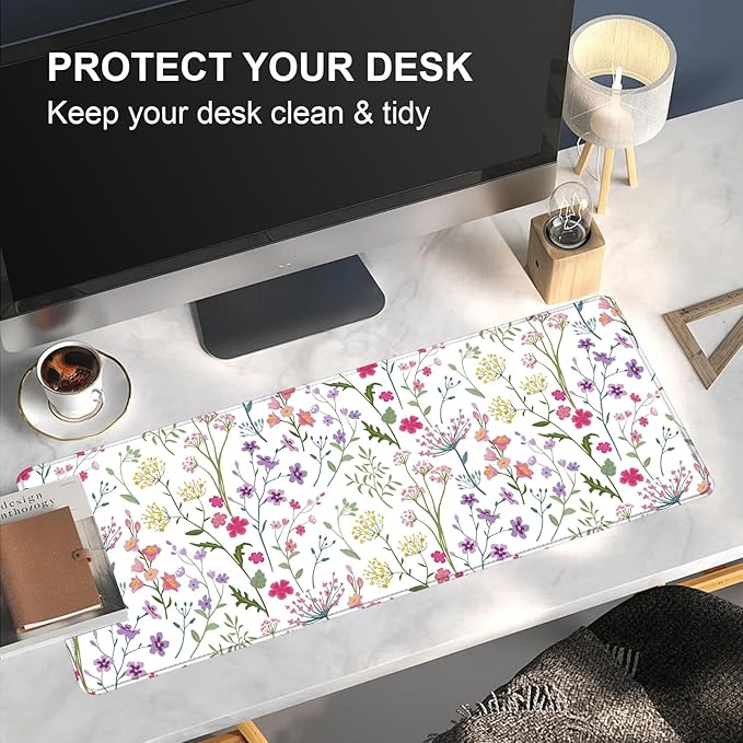 Large Desk Mat, Desk Matt for Desktop, Computer Gaming Mouse Pads, Anti-Slip Rubber Base, Stitched Edges Soft Mat for Desktop Office Home 31.5 x 11.8 Inches (Blooming Flower)