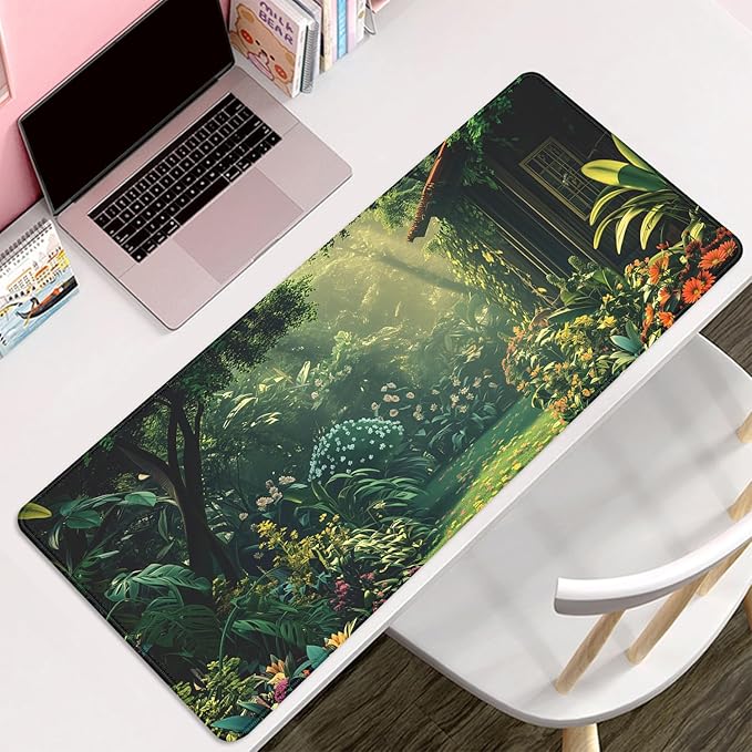 Green Garden Mouse Pad Desk Mat,Gaming Mouse Pad Large,Desk Cover Mat Desktop Mat,Big Mousepad with Stitched Edge Non-Slip Rubber Base for Work Study Gaming (27.5X11.8 in)