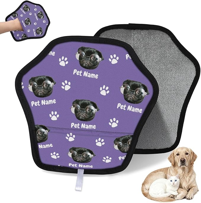 Personalized Pet Hair Remover Glove for Dogs & Cats - Custom Photo & Name Magic Brush for Dog Cat Hair Removal, Reusable Electrostatic Pet Hair Gloves for Furniture Carpet Couch, Face Paw Purple