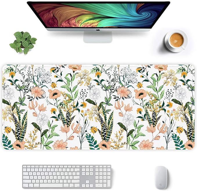 Auhoahsil Extended Mouse Pad, XXL Gaming Mouse Pads, Large Big Mousepad Laptop Computer Keyboard Mat Desk Pad with Non-Slip Base and Stitched Edge for Gaming Office, 35.5 x 15.7 inch, Flowers Print