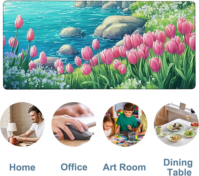 Large Mouse Pad Blooming Tulips Gaming Desk Pad Computer Keyboard Non-Slip Waterproof Mouse Mat with Rubber Base and Stitched Edges Entertainment Office Writing Desk Mat 35.4 x 15.7 Inches