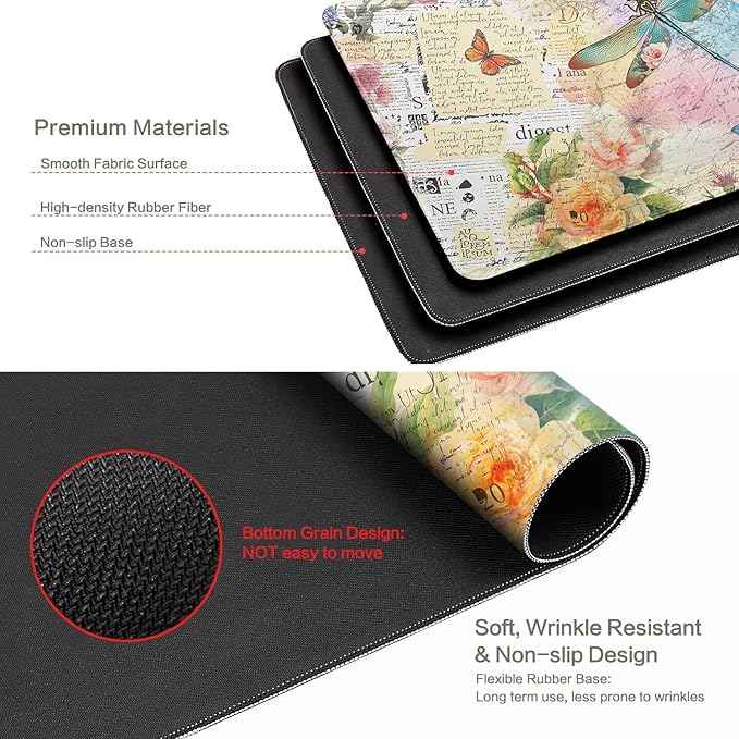 Vimorco Gaming Mouse Pad 31.5x15.7 Inch Large Desk Mat, Non-Slip Rubber Base & Smooth Precision Surface, Waterproof Extended Mouse Pad for PC, Laptop, Office and Table, Vintage Dragonfly