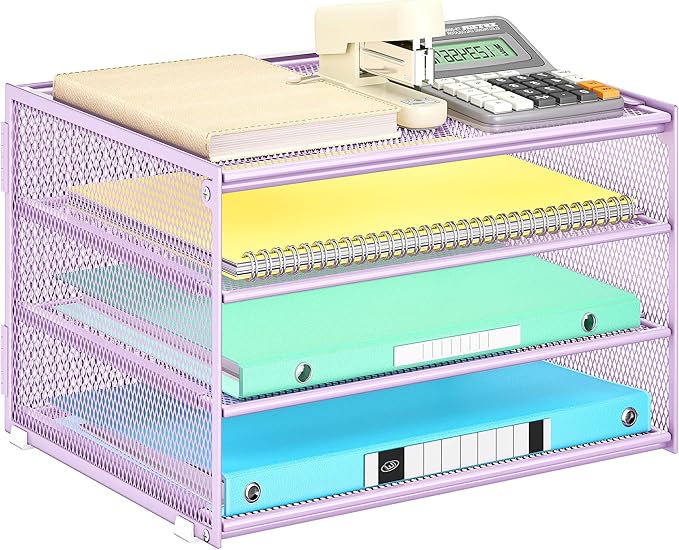Lavatino 3-Tier Letter Tray Desk Organizer – Purple Mesh Metal Paper File Tray Organizer for Desk, Office Supplies & Home Organization | Fits A4/Letter Paper, Mail, Magazines and Office Accessories