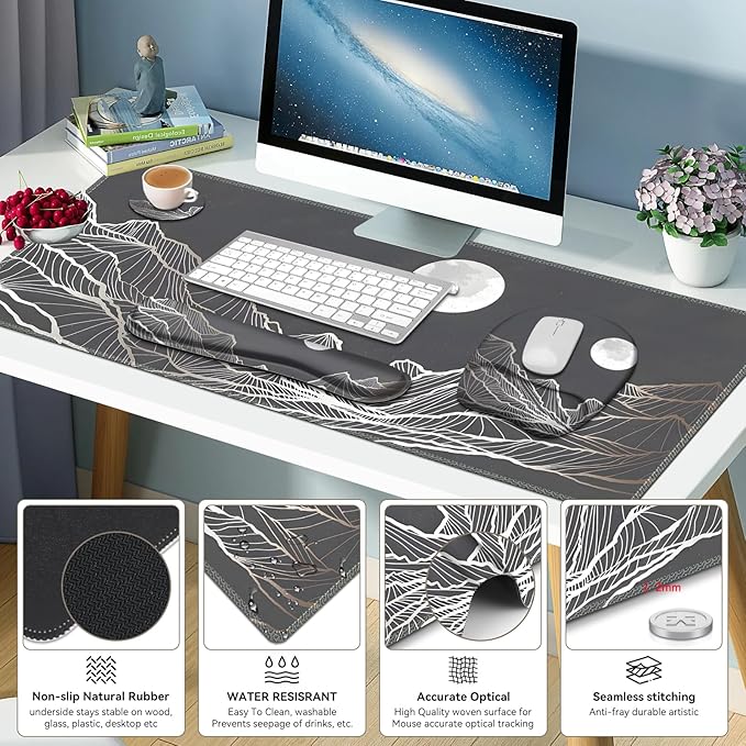 Large Mouse Pad, Keyboard Wrist Rest Set, Ergonomic Mouse Pad with Wrist Support, Desk Mat with Stitched Edges + Coaster, Extended Desk Pad Waterproof Desk Mat for Home Office Game I Moon and Valley