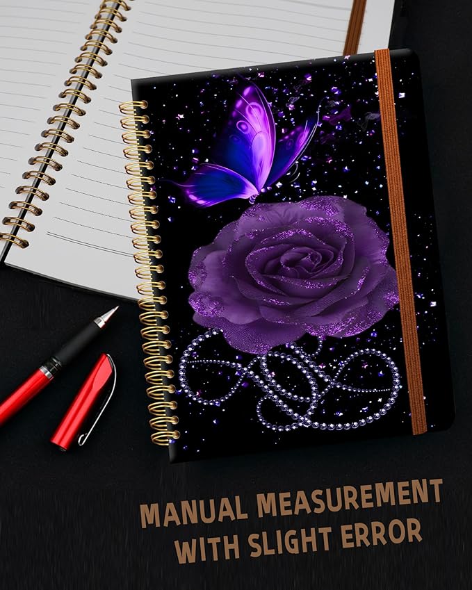 Ruled Spiral Writing Notebook,A5 Hardcover Lined College Journal for Women,Strong Twin-Wire Binding with Premium Paper,8.4" X 6",Perfect for School,Office,Home(Starry Purple Rose Butterfly)