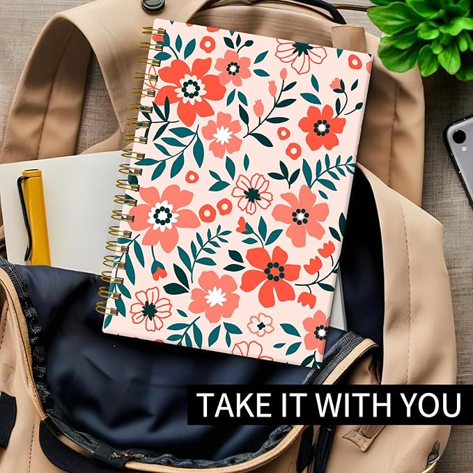 Spiral Journal Notebook, Hardcover Lined Journal for Women, Medium 6 x 8.4 in, 120 Pages Thick Paper, College Ruled Notebook for Writing, Work, Office, and School,Flower Pink