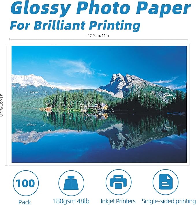 Uinkit 100 Sheets Inkjet Photo Paper Glossy 8.5x11 48lb 180Gsm Professional Photographic Paper Letter Size 8.5Mil Instant Dry Suitable for All Ink Printers