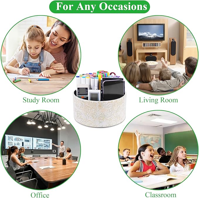 lizimandu Remote Control Holder, 360°Spinning PU Leather Desk TV Remote Caddy,Desk Storage Box Room Accessories for Controller, Media,Mail,Calculator, Mobile Phone,Pencil(1B-Carved White Gold)