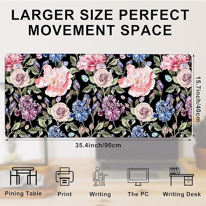 Gaming Mouse Pad, Watercolor Rose Peony and Iris Flower Large Desk Mat for Keyboard and Mouse,Non-Slip Rubber Base and Stitched Edges Desk Pad for Home Office 35.4x15.7in