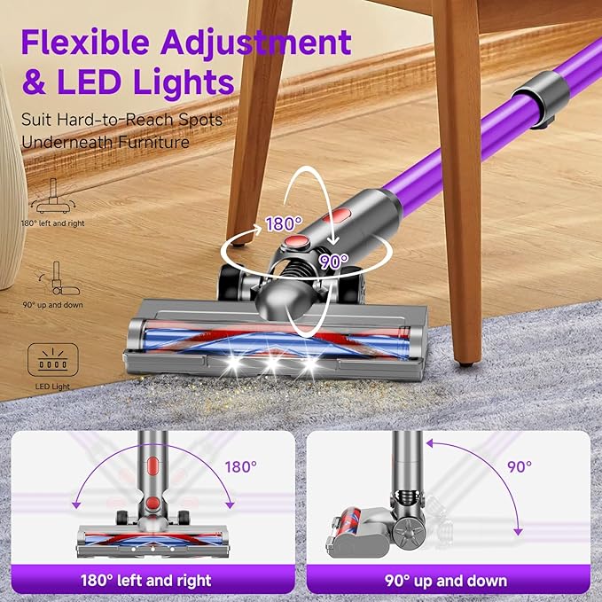 Vaconly Cordless Vacuum Cleaner, 8 in 1 40Kpa 55Mins,Lightweight Vacuum Cleaners for Home, Stick Vacuum with Anti-Tangle Brush,Wall Mount, Rechargeable Cordless Vacuum for Floor/Sofa/Pet Hair,Purple