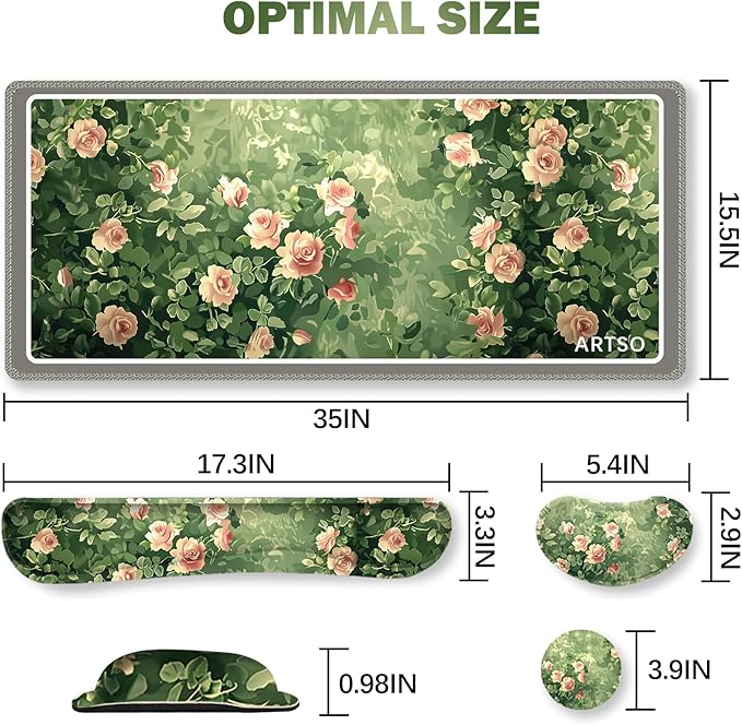 ARTSO Rose Floral Mouse Pad Wrist Support Set, Desk Mat, 4in1 XXL Large Mousepad + Keyboard Wrist Rest+Mouse Wrist Rest+Coaster Combo with Ergonomic Design for Home Office