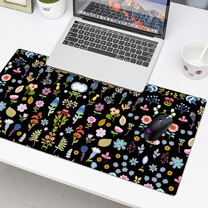 Flower Pad Protector, Floral Stitched Edges Mouse Pad, Large Office Mat, Non-Slip Desk Blotter, Laptop Desk Pad, Writing Pad for Office and Home (31.5" x 15.7")