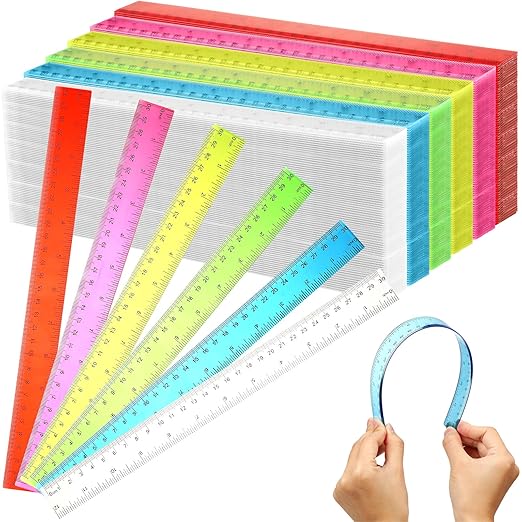 Fumete 300 Pack 12 Inch Plastic Rulers Bulk for Classroom Operation Christmas Supplies Flexible Transparent Assorted Color Ruler with Centimeters and Inches for Office Teacher Student