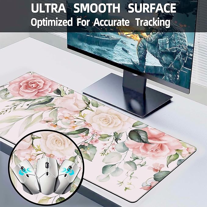 Desk Pad, Pink Watercolor Flowers and Green Leaves Extended Large Gaming Mouse Pad XXL, Large Desk Mat for Desktop with Non-Slip Rubber Base Stitched Edges for Home Office Gaming 35.4"X15.7"