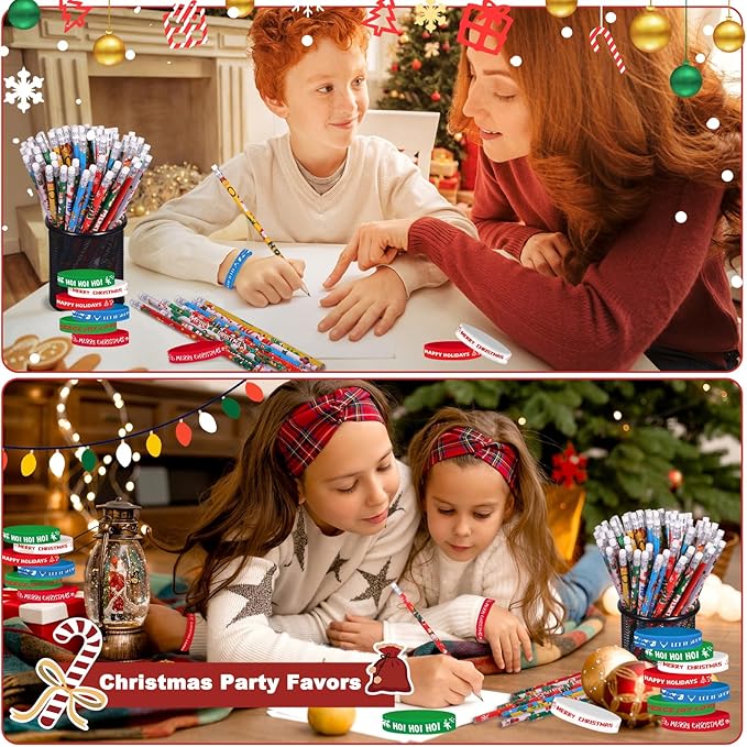 48 Pcs Christmas Pencils Set 24 Christmas Pencil with Eraser 24 Christmas Silicone Bracelets Xmas Wooden Pencils Christmas Wristband Rubber Bracelets Christmas Stocking Stuffers