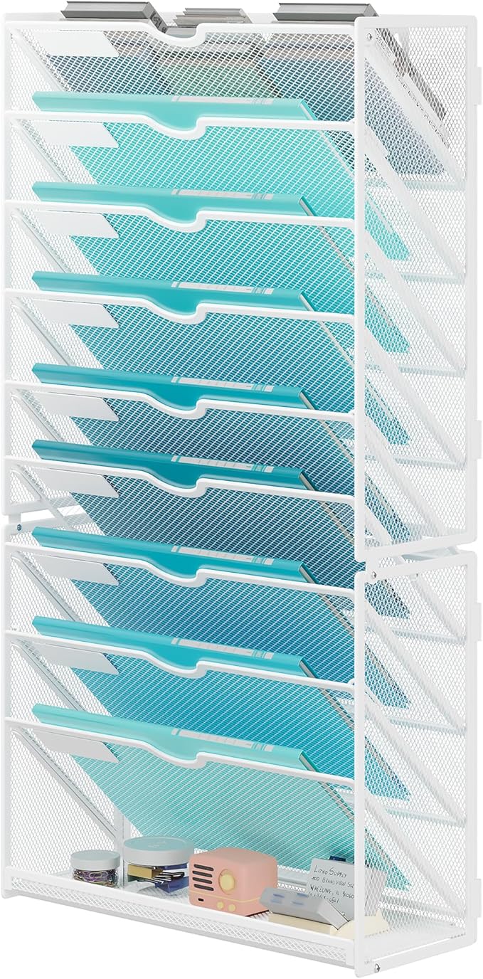 Lavatino 10-Tier Hanging Wall File Folders Organizer - White Metal Mesh Paper Magazine Document Mail Holder File Organizer for Office School Home Wall Mount or Desk Supplies Organization