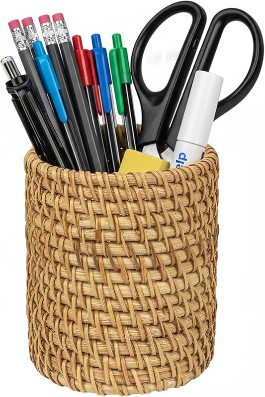 Handmade Rattan Pencil Holder, Pen Holder, Wicker Makeup Brush Holder, Makeup Holder, Pencil Cup, Desk Cup Holder, Toothbrush Cup for Small Items, Office & Home Desktop Organizer (Style B)