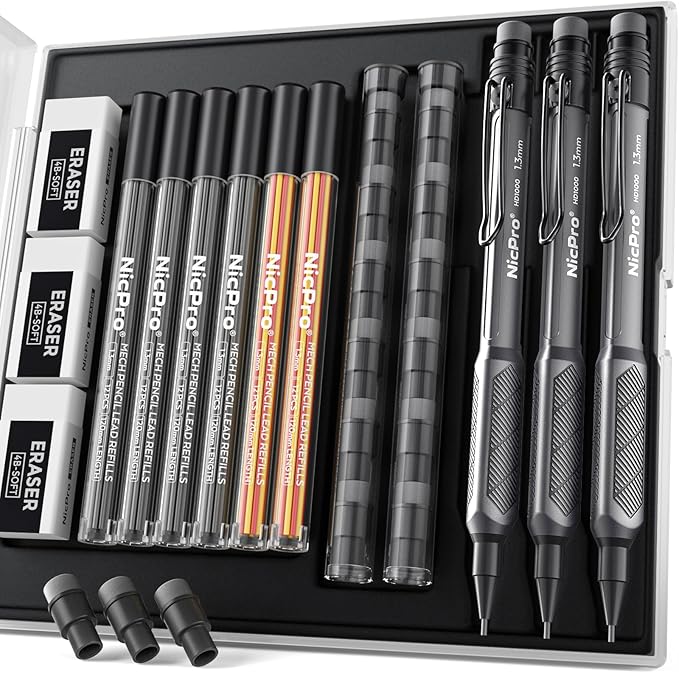 Nicpro 3 Pack Weatherproof Mechanical Pencil Set, 1.3mm Mechanical Pencils, Heavy Duty Lead Pencil for Outdoor All Weather Marking Drafting Drawing with 75 Lead Refills, Erasers, Case (Black, HD1000)