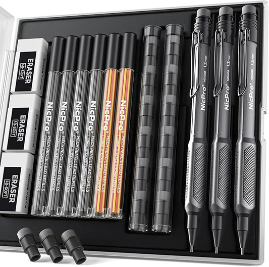 Nicpro 3 Pack Weatherproof Mechanical Pencil Set, 1.3mm Mechanical Pencils, Heavy Duty Lead Pencil for Outdoor All Weather Marking Drafting Drawing with 75 Lead Refills, Erasers, Case (Black, HD1000)