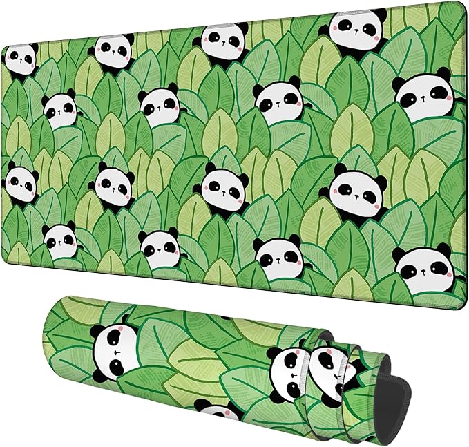Panda and Leaves Gaming Mouse Pad 3mm Thick Stitched Edge Waterproof Non-Slip Large Computer Keyboard Mouse Mat,Suitable for Office Entertainment Decorative Desk Pad 35.4 x 15.7 Inches