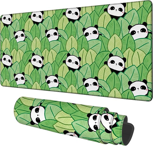 Panda and Leaves Gaming Mouse Pad 3mm Thick Stitched Edge Waterproof Non-Slip Large Computer Keyboard Mouse Mat,Suitable for Office Entertainment Decorative Desk Pad 35.4 x 15.7 Inches