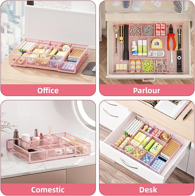 Marbrasse Expandable Desk Drawer Organizer, Mesh Tray with 10 Adjustable Compartments, Desk Organizers for Office Supplies, Makeup & Vanity (Expandable-Pink)