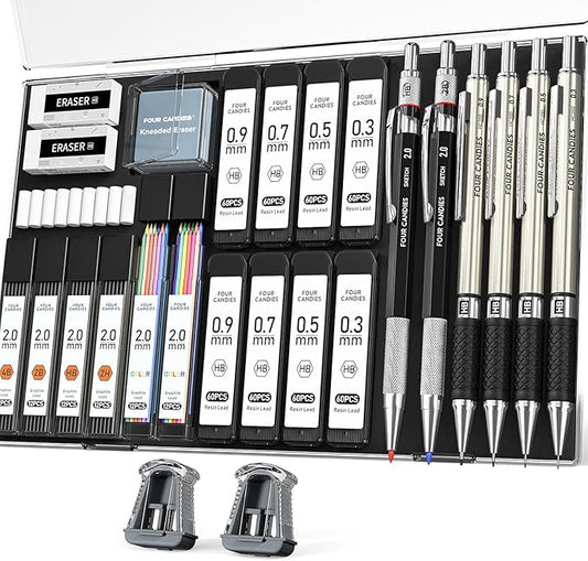 Four Candies 27PCS Art Mechanical Pencil Set with Case, 4PCS Metal Drawing Pencil 0.3, 0.5, 0.7, 0.9 mm & 2PCS 2mm Lead Holder (HB 2H 2B 4B Color) with 552 Graphite Lead Refills for Drawing Sketching