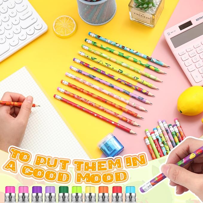 Kosiz 400 Pcs Christmas Pencils Bulk for Kids Colorful Pencils Pre Sharpened Wooden Pencil with Eraser 10 Fruit Style Pen Christmas Child Items Bulk Novelty School Student Reward Xmas Party Favors